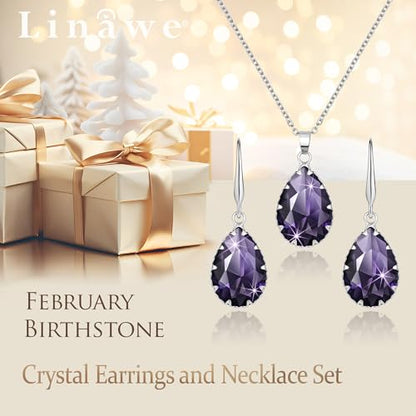Linawe Crystal Jewelry Sets for Women, Imitation Diamond Pendant Necklace, Rhinestone Drop Dangle Earrings, Birthstone Cubic Zirconia Matching Wedding Jewelry, 14K Gold/Rose Gold/Silver Tones - color: Silver,Amethyst,Feb