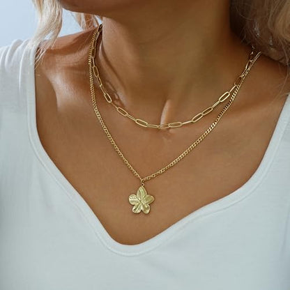 YEEZII Layered Gold Necklaces for Women Trendy, 3 Pcs 14K Gold Plated Choker Paperclip Box Chain Necklace, Stackable Women's Gold Pendant Necklaces Jewelry Set - color: Gold-3 Pcs-Flower