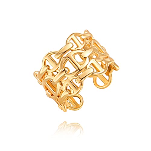 POTESSA 18K Gold Plated Open Rings for Women Wide Band Link Chain Ring Simple Stacking Finger Jewelry Size #4 - #9 - color: 2 - Mariner Ring