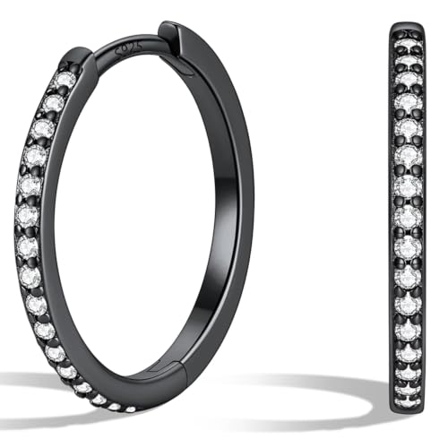 Silvora 925 Sterling Silver Huggie Hoop Earrings for Women, Small Hoop Earrings for Women, Cubic Zirconia Cartilage Earrings for Sensitive Ears, 6/8/10/12/14/16/18/20mm - color: A.Black Plated, size: 16MM