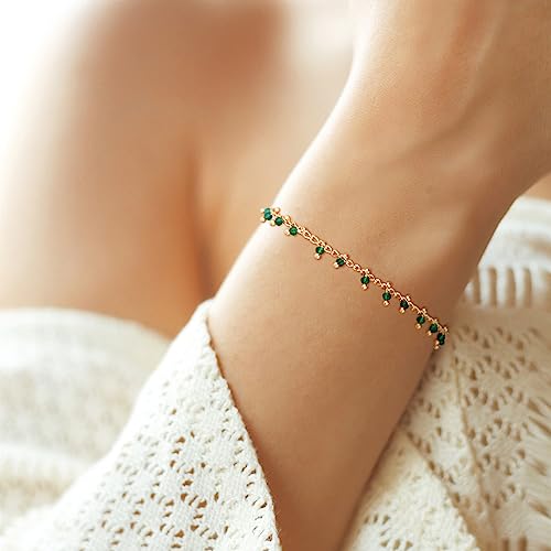 Gold Chain Bracelet for Women, 14K Gold Plated | Dainty Bracelets with Adjustable Chain, Trendy Jewelry Gift for Women - style: green crystal