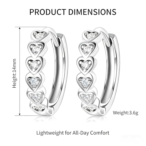 Women's 925 Sterling Silver Earrings -14mm, Exquisite White Heart Hoop Earrings With Sparkling Cubic Zirconia, Lightweight Hypoallergenic, Fashion Cute Jewelry Gift, Daily And Party Wear - color: Silver