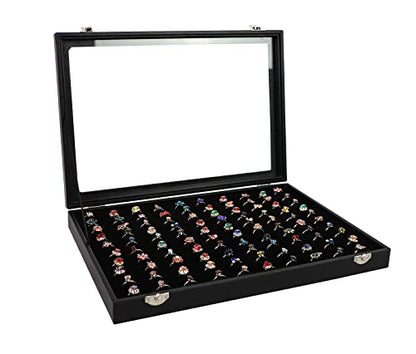 Wudygirl Ring Holder Leather Jewelry Tray with Lid 13.7"x9.4" Black | 100 Slot Ring Organizer with Velvet Liner, Ideal for Jewelry Storage, Dresser Drawer or Gift, Dustproof Design - style: 100 Slot Ring Tray
