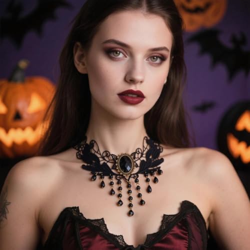 Goth Black Choker Necklace Crystal Bead Pendant Necklace for Women Gothic Velvet Lace Choker Halloween Vampire Witch Cosplay - color: G-Black