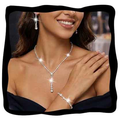 Bride Silver Bridal Necklace Earrings Set Crystal Wedding Jewelry Set Rhinestone Choker Necklace for Women and Brides - color: E Silver