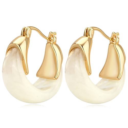 Chunky Gold Boho Hoop Dangle Earrings for Women Gold Plated Hypoallergenic Vintage Stainless Steel Resin Drop Prom Earrings Summer Prom Maximalist Jewelry Gift - color: Round/White