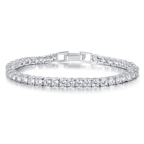 Gemsme 4 Prong Tennis Bracelet, 18K White/Yellow Gold Plated 3mm Round Cubic Zirconia Bracelet for Women Size 6-8.5 Inch - color: White Gold Plated, size: 6.5 inch
