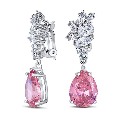 Bling Jewelry Vintage Style Simulated Gemstone Cubic Zirconia AAA CZ Statement Dangle Leaf Teardrop Formal Chandelier Clip On Earrings Wedding Prom Silver Plated - color: Pink