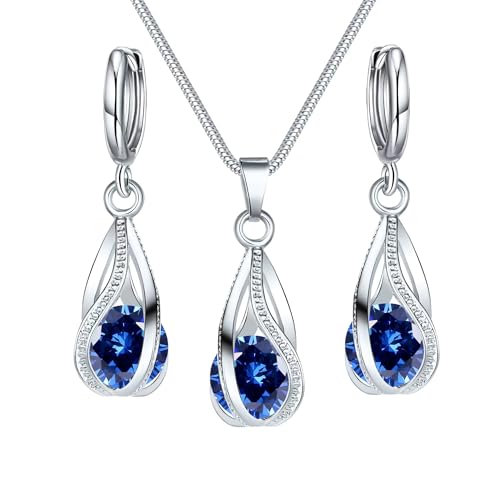 Crystal Jewelry AlloyTeardrop Pendant Necklace Drop Earrings Set Elegant Sapphire Color Jewelry for Women - color: Blue