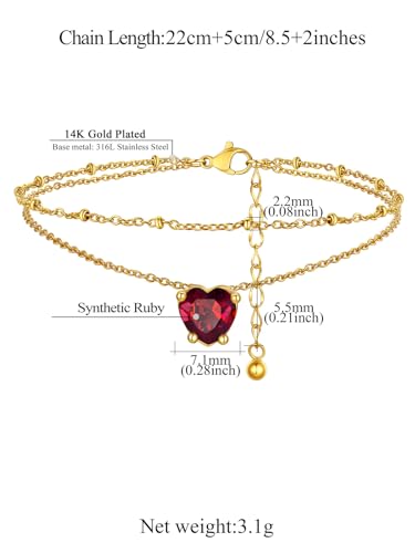 FindChic Bling Heart Birthstone Anklets Layered Beaded Ankle Bracelets for Women Gold/Black/Silver 12 Month Gem Colors Foot Chain Summer Jewelry for Girls, with Gift Box - color: Gold, style: 07. Jul.-Created Ruby(Prong Setting)
