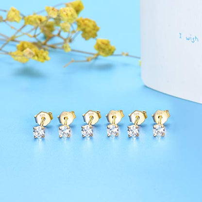 EPIRORA Sterling Silver Stud Earrings for Women Men- 3 Pairs 3mm Tiny Ball Stud Earrings Round CZ Earrings Pearl Earrings Set Cartilage Small Tragus Earrings - style: 3 Pairs-Cubic Zirconia Earrings(Gold)