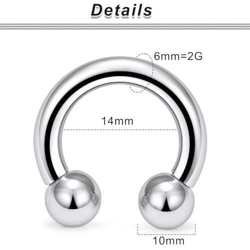 00G 0G 2G 4G 6G 8G 10G 12G 14G 16G Septum Rings Silver Black Surgical Steel Heavy Gauges Earrings Stretching kit Eyebrow Lip Septm Nose Rings Helix Tragus Daith Rook Earrings Hoops 10mm-19mm - color: Silver, size: 2G(6.0mm)-Inner Dia:14mm