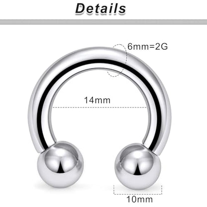 00G 0G 2G 4G 6G 8G 10G 12G 14G 16G Septum Rings Silver Black Surgical Steel Heavy Gauges Earrings Stretching kit Eyebrow Lip Septm Nose Rings Helix Tragus Daith Rook Earrings Hoops 10mm-19mm - color: Silver, size: 2G(6.0mm)-Inner Dia:14mm