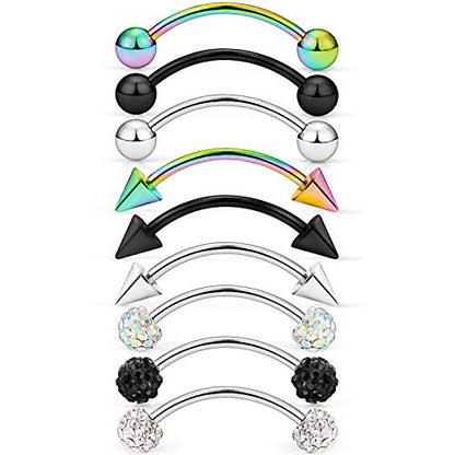 Lcolyoli 20g Surgical Steel Tiny Curved Eyebrow Barbell Ear Navel Belly Ring Piercing Jewelry for Women Men 10mm 9-12 Pieces - color: C: 9Pcs-20G-3/8"