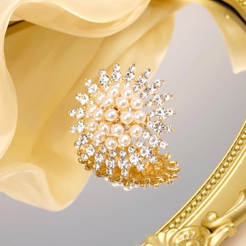 Elegant Big Crystal Ring for Women Gold Stacking Pearl Rhinestone Flower Rings Open Finger Adjustable Crystal Statement Ring Jewelry for Bridal Wedding - color: Crystal 2-silver