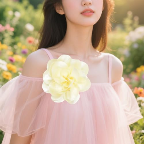 Large Rose Flower Brooches Chiffon Camellia Brooch Lapel Pins Hair Clips Hat Pins for Women Wedding Banquet Accessories Large Satin Flowers 5.5in - color: Beige