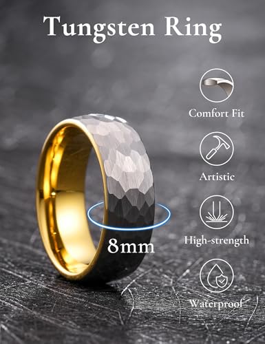 King Will Men's Tungsten Carbide Wedding Ring Hammered Groove Wedding Band Mens Two Tone Engagement Ring for Men and Women Matte Brushed Finish Comfort Fit - color: 8MM Gold-Silver