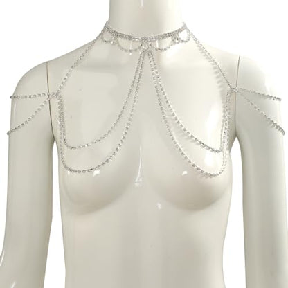 Sexy Rhinestone Shoulder Body Chain Jewelry,Multi-layered Waterdrop Rhinestone Bridal Back Chain Necklace Sexy Festival Rave Crystal Shoulder Chain Wedding Backdrop Jewelry for Women - style: Silver