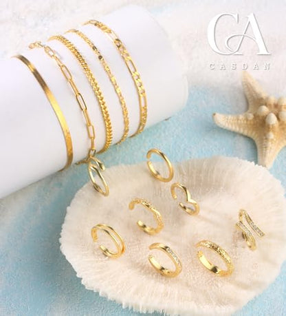 CASDAN 13Pcs Silver/Golden Toe Rings and Ankle Bracelets for Women | Layered Anklets Chain,Adjustable Open Tail Toe Ring,Waterproof Cuban Link Chain Anklets Set,Beach Foot Jewelry for Summer - color: Gold,B
