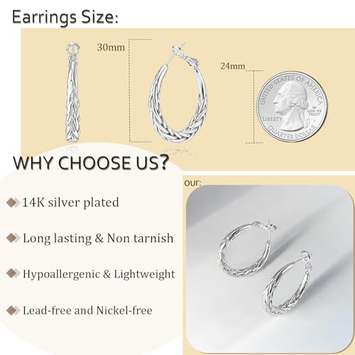 Hoop Earrings for Women, 14K Gold Sterling Silver Chunky Twisted Hoops Earring Hypoallergenic Ear Jewelry - color: 30mm-Silver