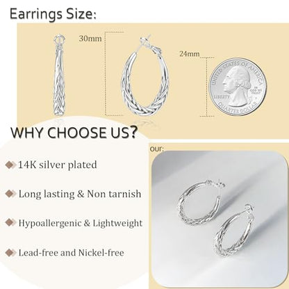 Hoop Earrings for Women, 14K Gold Sterling Silver Chunky Twisted Hoops Earring Hypoallergenic Ear Jewelry - color: 30mm-Silver