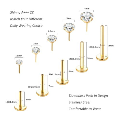 Aumeo 20G 18G 16G Threadless Push in Nose Rings Studs Surgical Steel Labret Jewelry Monroe Lip Rings Studs Medusa Ashley Piercing Jewelry for Women - color: Gold, size: 18g*6/7/8/10/12mm
