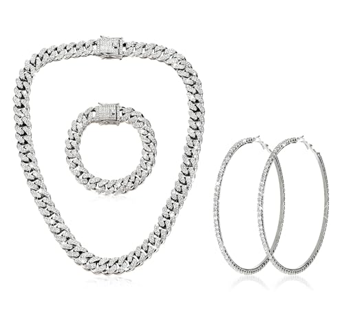 Luxval Tennis Necklace Set for Women Tennis Bracelets Diamond Earrings Sterling Silver Necklace Wedding Jewelry for Bride Silver Jewelry Sets for Women Gift - color: Silver-cuban hoop 3Pcs