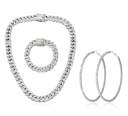 Luxval Tennis Necklace Set for Women Tennis Bracelets Diamond Earrings Sterling Silver Necklace Wedding Jewelry for Bride Silver Jewelry Sets for Women Gift - color: Silver-cuban hoop 3Pcs