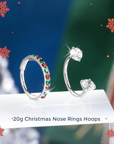 OUFER 2PCS Nose Rings Hoops, 20g Double Gem Horseshoe Threadless Nose Rings for Women, Septum Clicker Daith Tragus Helix Rook Eyebrow Lip Piercing Jewelry - color: Silver Xmas