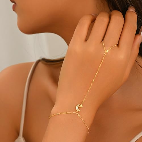 925 Sterling Silver Hand Chain Bracelet for Women | 14k Gold Plated CZ Crystal Heart Starburst Ring Bracelets Hand Chain Diamond Layered Stackable Link Chain Beach Jewelry Gifts - color: GoldE