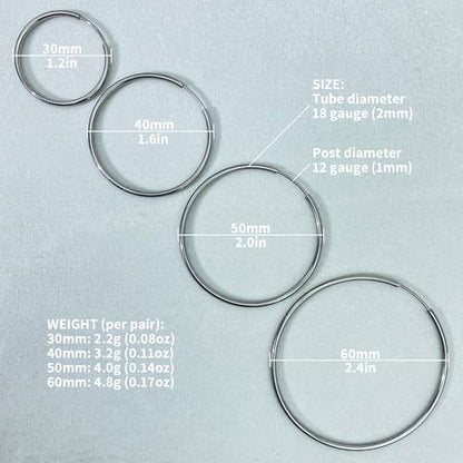 Lightweight Large Hoop Earrings Thin G23 Titanium Hypoallergenic 50 60 MM for Women Gift - size: 50mm
