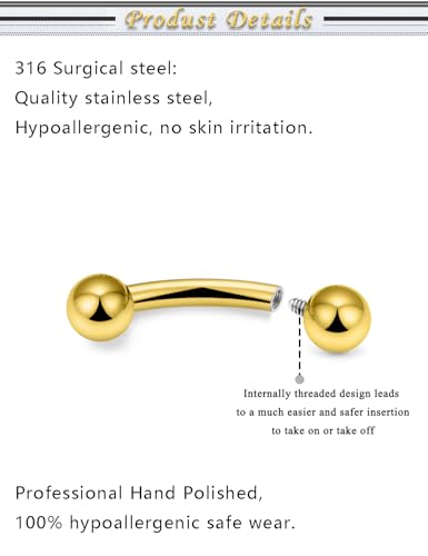 Internally Threaded Eyebrow Piercing Jewelry Surgical Steel Tiny Eyebrow Rings Vertical Labret Lip Jewelry Small Ear Rook Earring for Women Men 18g 16g 14g Plus Piercing Ball Grabber Tool - color: goldtone, size: 18g,ball end