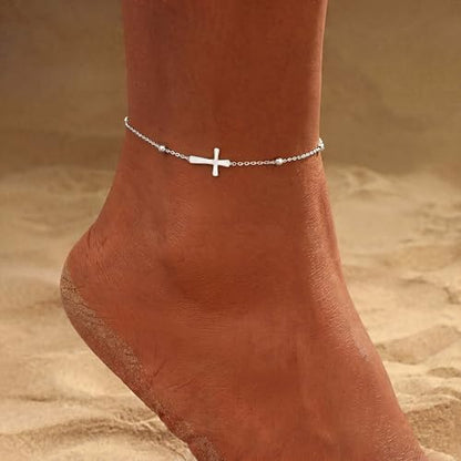 Gold Ankle Bracelets for women,14k Gold/Silver Plated Waterproof Layered lightweight Bow Beaded Twisted Chain Cross Butterfly Satellite Ankle Bracelets Set Gold Anklets for women Trendy Summer Beach Jewelry Gift for Women - style: 2 anklets -Silver