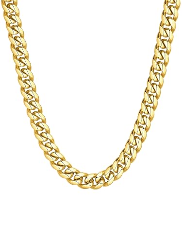 ChainsHouse Miami Cuban Link Chain Necklace for Men, Stainless Steel | 4.8/6/10/14mm Widths, Black/14K Gold Plated Finishes, Hip Hop Style, Daily Wear, Gift Box Included - color: Gold Plated
