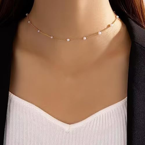 Gold Pearl Necklace For Women - 14K Gold Plated Layered Herringbone Chain Pearl Necklace, Trendy Simple Gold Jewelry Gift - color: Pearl Choker-Gold