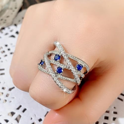 PAVOOI 14K Gold Plated X Ring Simulated Diamond CZ Criss Cross Ring for Women Juude Jewelers Silver Rose Gold Braided Wrap Knot Style Promise Statement Cocktail Party Ring(Silver Blue.A-US Code-6) - color: Silver Blue.A, size: (US Code-6)