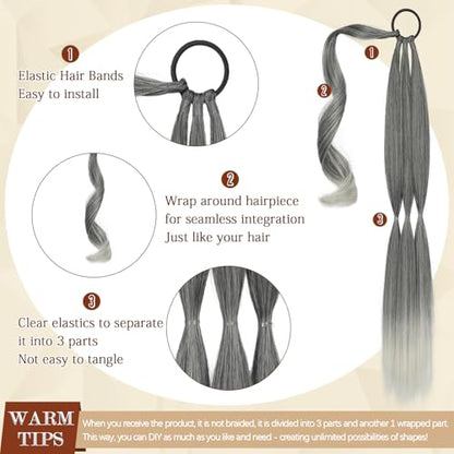 Long Braid Ponytail Extension with Hair Tie Straight Sleek Wrap Around Hair Extensions Braid Pony Tail Fluffy Natural Synthetic Hairpieces for Women Daily Wear,26 inch-Gray with White - color: Gray with White, size: 26 Inch (Pack of 1)
