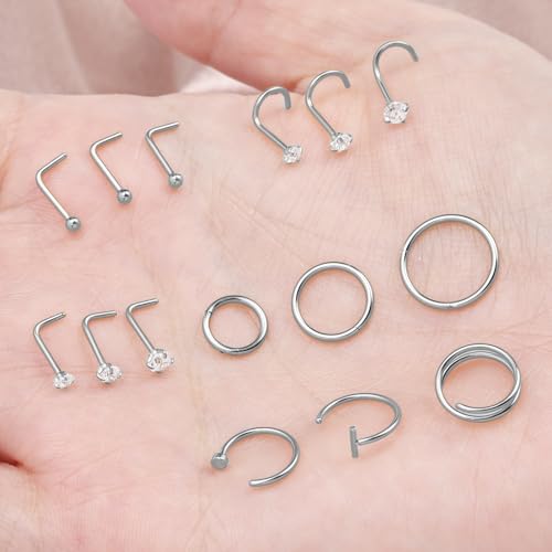 15PCS Nose Rings Studs Hoops Set - Hypoallergenic 14K Gold Plated Nose Screw Studs 316L Surgical Stainless Steel Cubic Zirconia Body Piercing Jewelry L Shape & Corkscrew Helix Cartilage Rook Earrings for Women 18G 20G