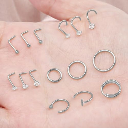 15PCS Nose Rings Studs Hoops Set - Hypoallergenic 14K Gold Plated Nose Screw Studs 316L Surgical Stainless Steel Cubic Zirconia Body Piercing Jewelry L Shape & Corkscrew Helix Cartilage Rook Earrings for Women 18G 20G
