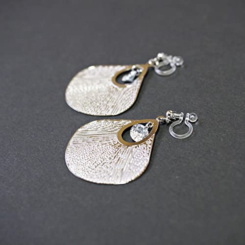 Drop Cubic Zirconia Invisible Clip On Earrings for Women Not Pierced Gold Teardrop Sqaure CZ Crystal Dangle Gold Silver Comfortable Clip On Earrings Bridal Wedding Prom - color: Fan Silver