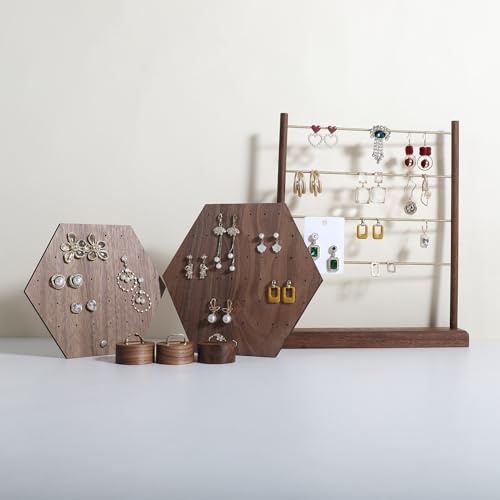 Hexagonal Earring Organizer stand, Walnut Plywood Jewelry Display Board for Hanging earring studs, Perfect for Storing and Showcasing Your Jewelry Collection【Set of Two Size】
