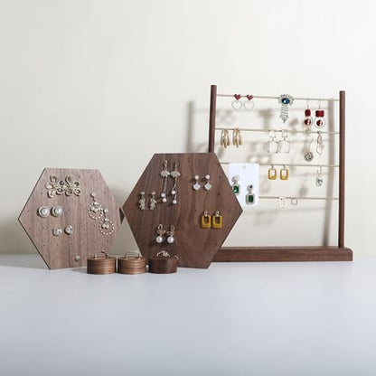 Hexagonal Earring Organizer stand, Walnut Plywood Jewelry Display Board for Hanging earring studs, Perfect for Storing and Showcasing Your Jewelry Collection【Set of Two Size】