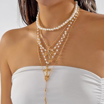 Layered Cross Necklace Set for Women, Layered Choker Necklaces Trendy Jewelry, Colorful Enamel Beaded Y-Shaped Lariat Necklace, Boho Multilayer Cross Necklace for Party and Daily Wear - color: Gold-07