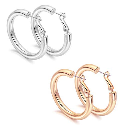 sovesi Chunky Hoop Earrings for Women, 14K Gold Plated Thick Hoops | 5mm Thick Hollow Tube Chunky Lightweight Hypoallergenic Hoop Earrings for Women - style: Silver and Rose Gold 40MM