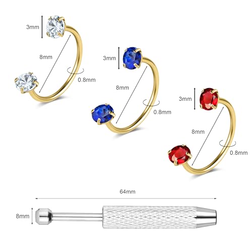 G23 Titanium 20G Horseshoe Nose Rings | Horse Shoe Nose Ring Hoops, Surgical Steel Half Cartilage Tragus Earring Hoop, Internally Threaded, Double Cubic Zirconia - style: 3PCS 8MM-Gold Ring