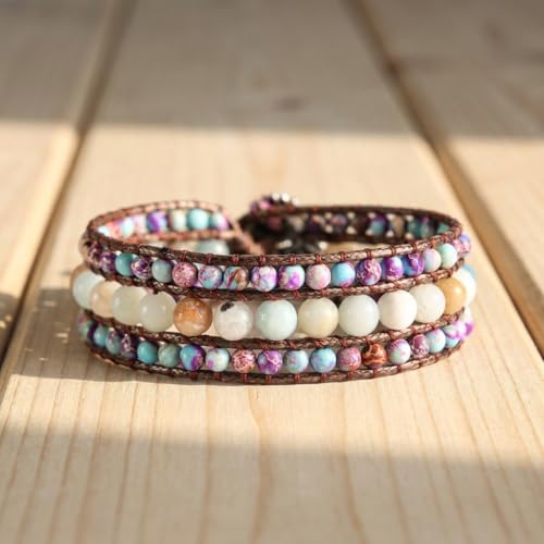 YGLINE Boho Handmade Natural Stone Bead 3 Row Wide Wrap Wrist Statment Bracelet Jewelry Collection - color: regalite ＆amazonite