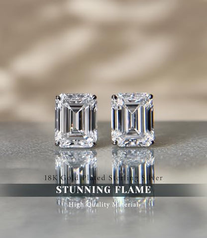 "STUNNING FLAME" Trillion-cut/Cushion-cut/Emerald-cut/Marquise-cut ... 18K White Gold Plated Sterling Silver Cubic Zirconia Simulated Diamond Stud Earrings for Women - color: Emerald-Cut, size: small-white gold plated silver
