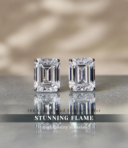 "STUNNING FLAME" Trillion-cut/Cushion-cut/Emerald-cut/Marquise-cut ... 18K White Gold Plated Sterling Silver Cubic Zirconia Simulated Diamond Stud Earrings for Women - color: Emerald-Cut, size: X-small-white gold plated silver