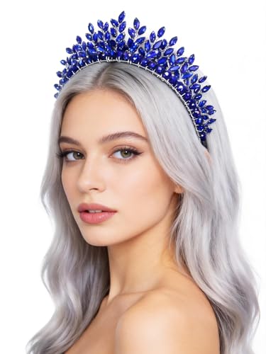 Bridal Rhinestone Headband Wedding Hair Accessories for Women, Pearl Crystal Headband Wedding Costume Headpieces for Brides Princess Quinceanera Christmas Party Prom Birthday(Blue) - color: Blue