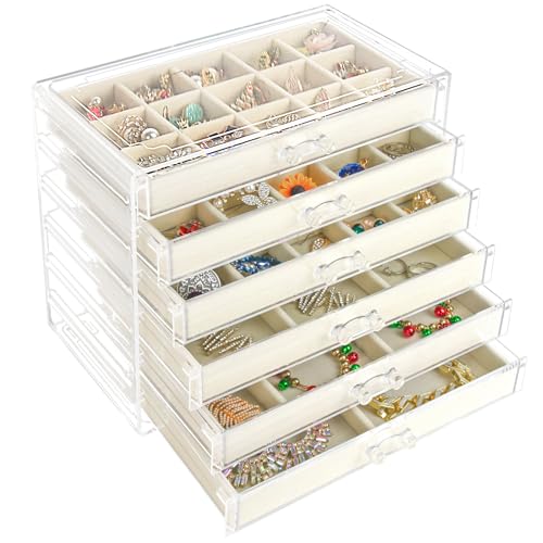 Acrylic Jewelry Box Organizer and Storage 6 Drawer for Earring Display Tray - color: Beige 6 Layers